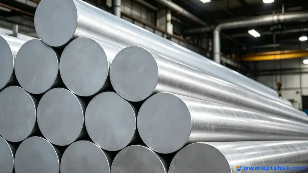 Imej EPTAHUB menunjukkan timbunan besar bar bulat aluminium, sejenis stok bahan mentah yang biasa digunakan dalam pemesinan dan pembuatan CNC, sama seperti cara keluli dibekalkan.