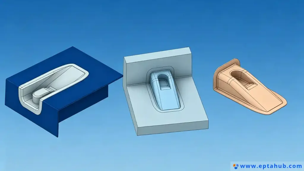 An EPTAHUB diagram illustrating the CNC milling process from design to finished part, showing the progression from the initial CAD model and fixture (left), to the milled workpiece (center), to the final extracted part (right).