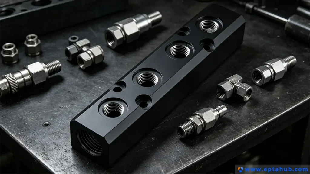 A high-precision, black anodized aluminum manifold CNC machined by EPTAHUB, shown with various stainless steel fittings, used to contrast the applications and material strengths of subtractive manufacturing versus FDM printing.