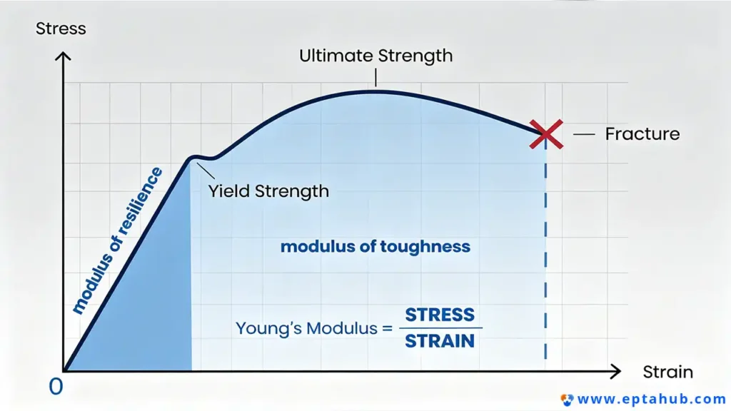 A detailed stress-strain curve diagram from EPTAHUB, illustrating key material properties like Young's Modulus (stiffness), Yield Strength, Ultimate Strength, and the Modulus of Toughness.