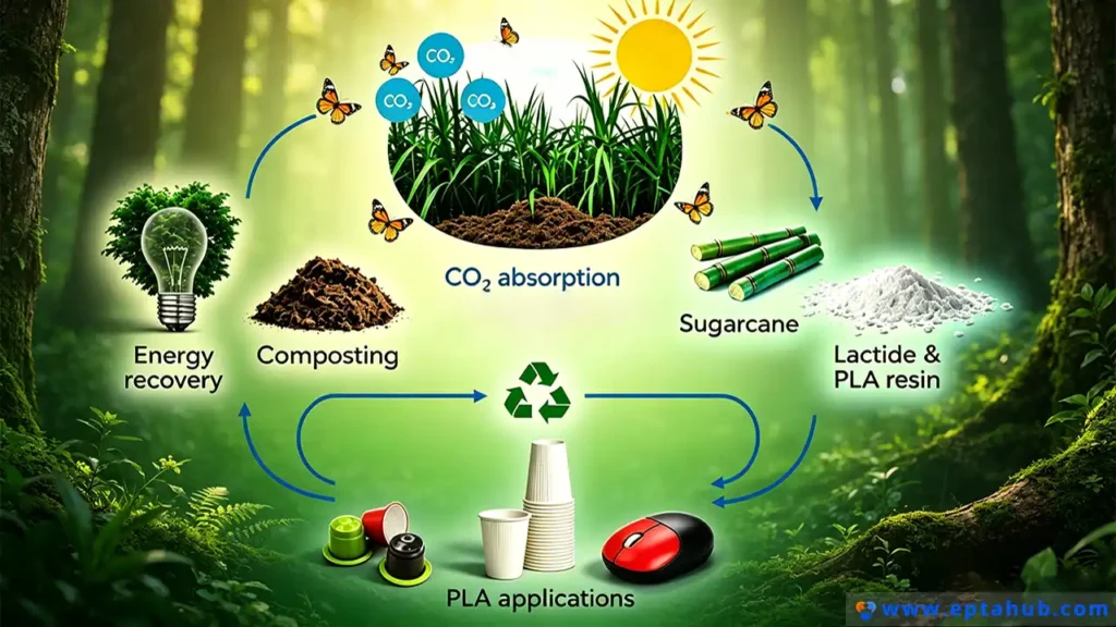 Gambar rajah kitaran hayat bulat daripada EPTAHUB yang menggambarkan bagaimana bioplastik PLA merupakan bahan boleh diperbaharui, menunjukkan perjalanannya daripada penyerapan CO2 tebu kepada pembuatan, aplikasi PLA seperti cawan dan akhir hayat melalui pengkomposan atau pemulihan tenaga.
