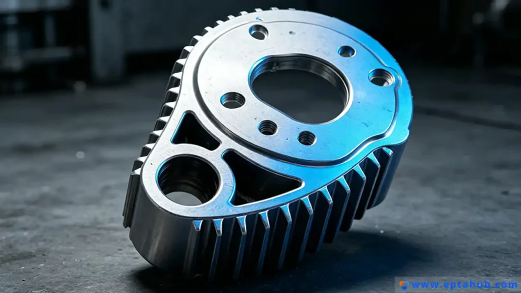 A high-quality, complex aluminum part manufactured by EPTAHUB, showcasing the return on investment (ROI) of precision CNC milling with its intricate cooling fins, multiple bored holes, and superior surface finish.