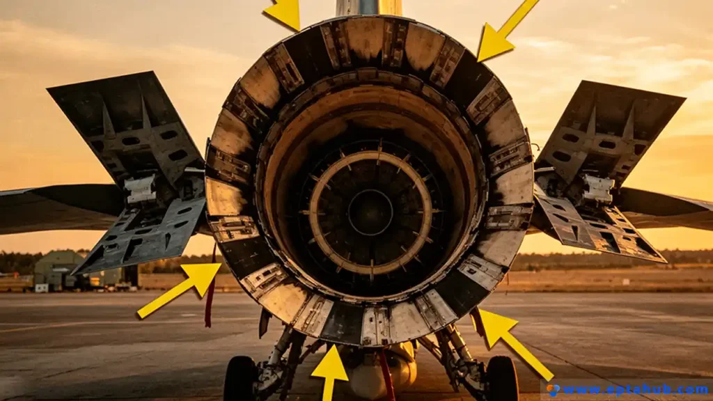 A close-up view of the variable exhaust nozzle of a fighter jet engine on an airfield at sunset. Yellow arrows point to the complex, adjustable petals of the afterburner section, a key component for thrust vectoring and high-performance flight, a topic covered by EPTAHUB.
