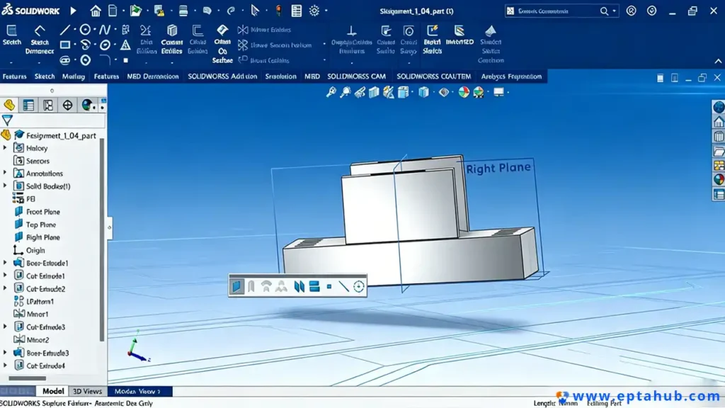Captura de pantalla de EPTAHUB de la interfaz del software CAD SOLIDWORKS, que muestra el diseño de una pieza mecánica compleja. Esto ilustra la creación de un modelo paramétrico antes de exportarlo a formatos de archivo de fabricación como STP, STL o 3MF.