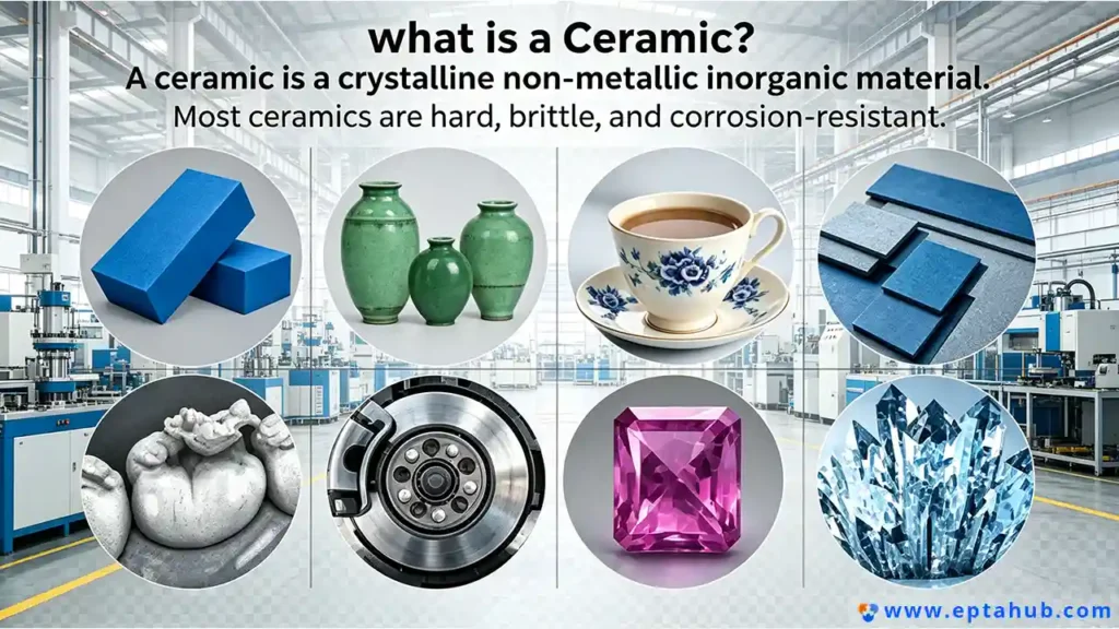 An EPTAHUB infographic titled 'What is a Ceramic?' defining it as a crystalline non-metallic material that is hard, brittle, and corrosion-resistant. It shows eight examples including traditional vases, a teacup, dental crowns, a ceramic brake disc, a gemstone, and industrial ceramic blocks.
