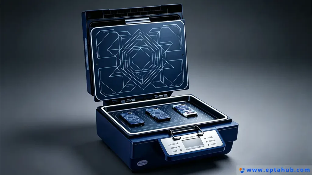 A conceptual image from EPTAHUB of a high-tech testing apparatus for phone cases, symbolizing rigorous quality control and durability testing for custom wholesale products.