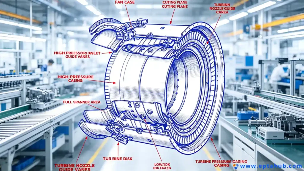 An engineering blueprint from EPTAHUB showing a detailed cutaway of a jet engine casing, set against a modern aerospace manufacturing facility to highlight the connection between design and production. Labels point to the fan case, high-pressure casing, and turbine nozzle guide vanes.