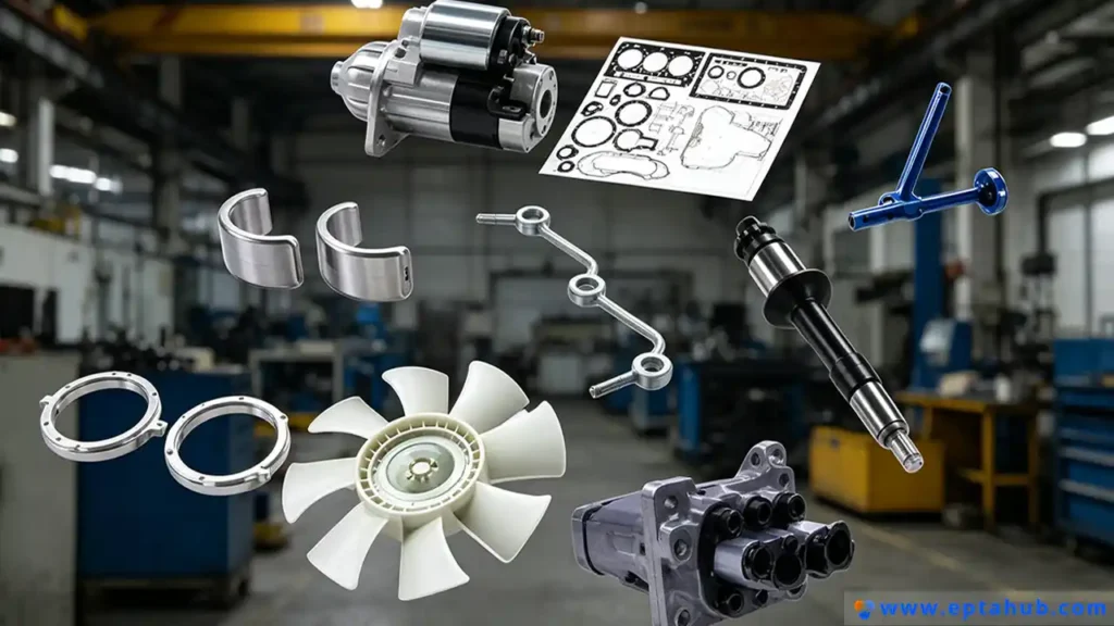 A collection of conventional metal and plastic automotive components, shown by EPTAHUB to highlight application areas where high-performance technical ceramics are now used for improved wear resistance, heat tolerance, and electrical insulation in modern engines and vehicles.