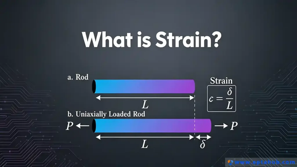 Ein EPTAHUB-Diagramm mit dem Titel "Was ist Dehnung?" definiert die technische Dehnung. Es zeigt einen Stab der ursprünglichen Länge L, der unter einer einachsigen Last P um die Länge δ verlängert wird, wobei die Formel für die Dehnung als ε = δ/L angegeben ist.