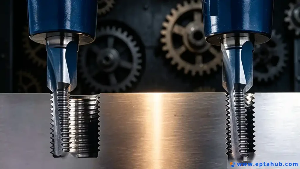 An EPTAHUB image showcasing the advanced capability of thread milling with a CNC machine, where two specialized tools are shown cutting precise internal threads into a metal workpiece.