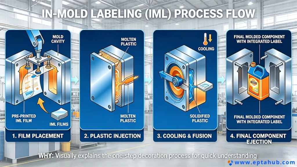 An EPTAHUB infographic explaining the 4-step In-Mold Labeling (IML) process for phone cases: 1. Film Placement, 2. Plastic Injection, 3. Cooling & Fusion, 4. Ejection, creating highly durable integrated graphics.
