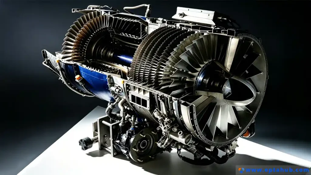 A high-fidelity cutaway model of a modern high-bypass turbofan jet engine, displaying the intricate stages of the fan, compressor, and turbine sections. An image by EPTAHUB showcasing the complexity of aerospace engineering and precision components.