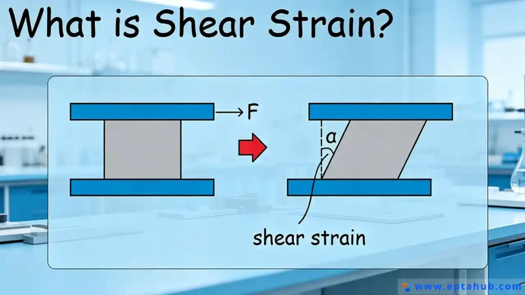 Ein EPTAHUB-Diagramm mit dem Titel "Was ist Scherverformung?" veranschaulicht, wie eine Scherkraft (F) eine Winkelverformung verursacht. Ein quadratischer Block verformt sich zu einem Parallelogramm, wobei die Scherverformung durch die Winkeländerung (α) definiert ist.