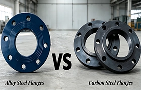 An EPTAHUB image comparing alloy steel vs. carbon steel. On the left is a blue-coated alloy steel flange, and on the right are two black-coated carbon steel flanges, illustrating the visual and material differences.