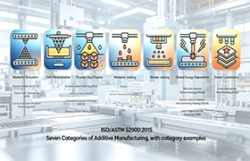 An infographic banner by EPTAHUB showcasing the seven official categories of additive manufacturing as defined by the ISO/ASTM 52900:2015 standard, including Material Extrusion, VAT Photopolymerization, and Powder Bed Fusion.