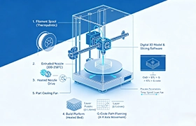 An animated infographic from EPTAHUB detailing the components of an FDM 3D printer, labeling key parts like the filament spool, extruder, heated nozzle, build platform, and explaining the role of slicing software and G-code.