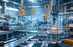 A dynamic infographic by EPTAHUB defining Young's Modulus as Tensile Stress divided by Tensile Strain, overlaid on a photo of a modern CNC machining factory floor.