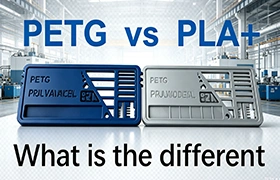 A comparative photo from EPTAHUB showing two identical 3D printed engineering test parts, one in blue PETG and one in silver PLA+, to visually evaluate the differences in surface finish, detail, and print quality between the materials.