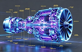 A futuristic 3D digital rendering from EPTAHUB of a jet engine cutaway, glowing with purple and blue light. Callout lines point to various internal components to illustrate the complexity of modern aerospace design and digital twin technology.