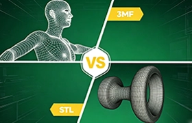 A graphic from EPTAHUB comparing the 3MF and STL 3D printing file formats, showing a wireframe human model for 3MF versus a wireframe wheel model for STL, symbolizing the modern versus traditional mesh file types for engineering and design.