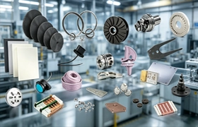 A collection of high-performance technical ceramic components from EPTAHUB, including black silicon carbide discs, metal-ceramic assemblies, a pink zirconia medical implant, and electronic substrates, all set against a modern manufacturing facility background to showcase industrial applications.