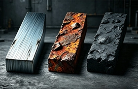 A powerful visual comparison of three metal bars in an industrial setting, showcasing the effects of oxidation. The image from EPTAHUB shows a pristine new bar, a heavily rusted bar with orange-brown decay, and a dark, uniformly oxidized bar.